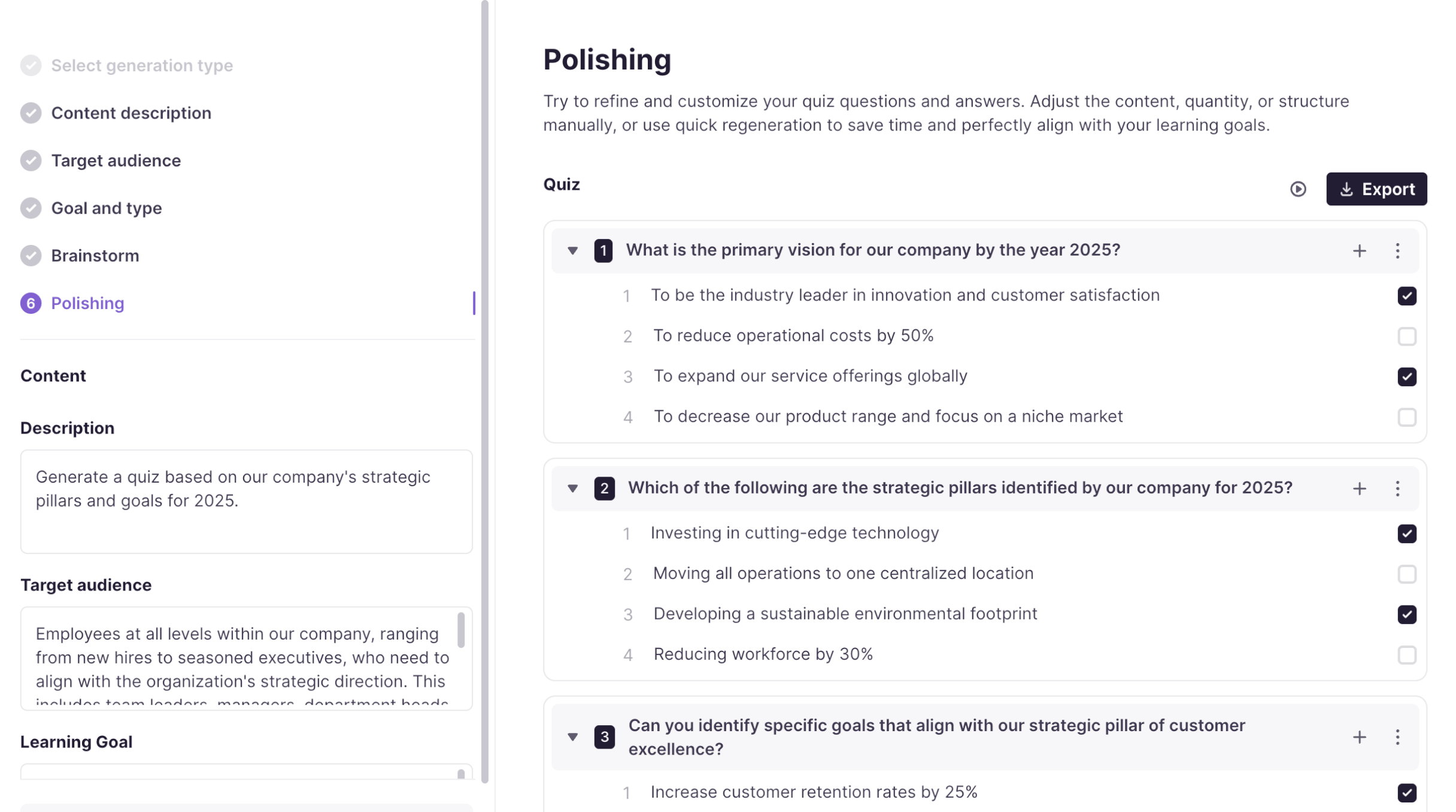 Smartcat’s AI course creator: generated quiz questions with answer options, next to the course description, audience and learning goal