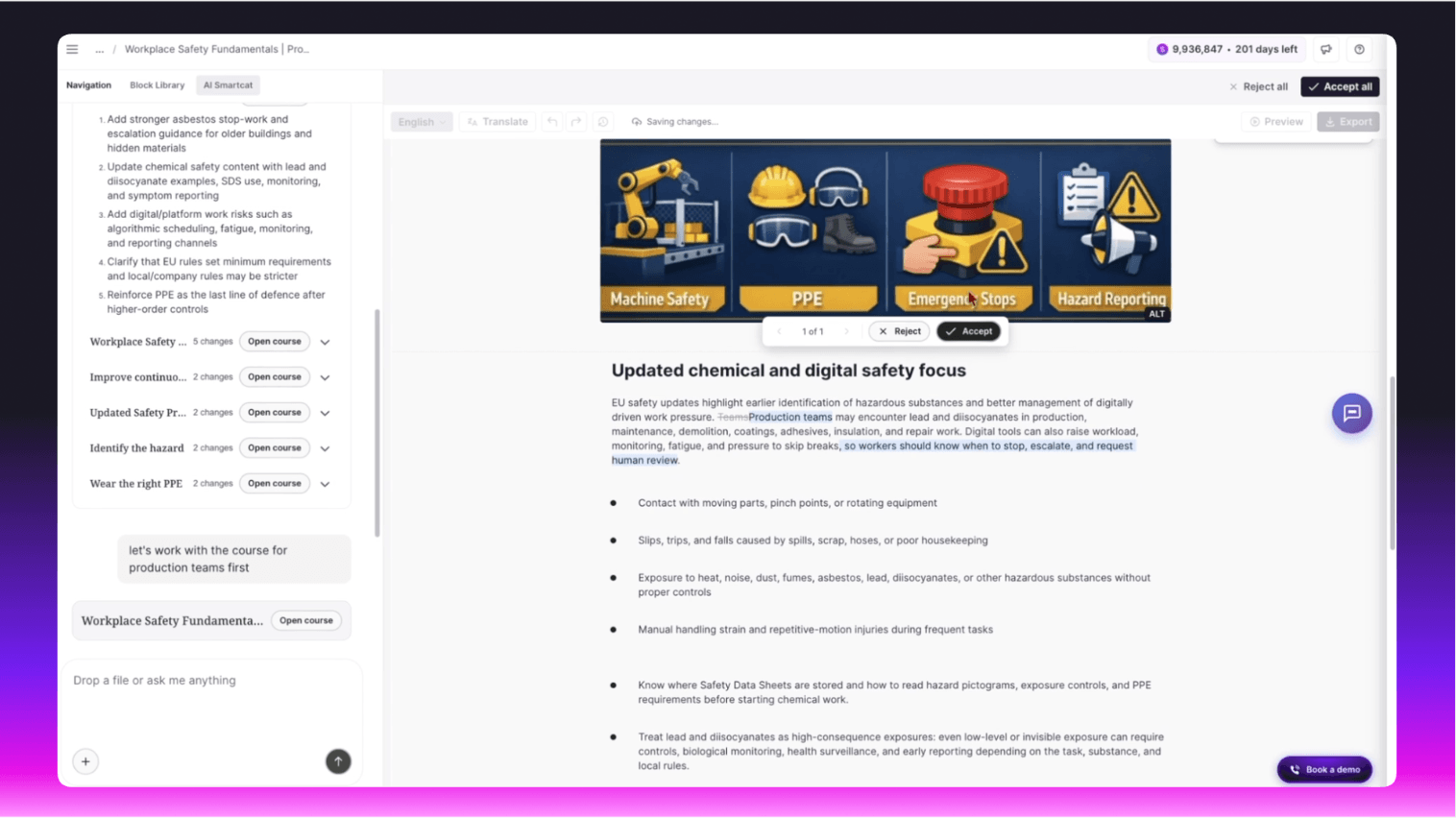A workplace safety course open in Smartcat’s course editor, with AI-suggested changes to accept or reject and the course outline on the left